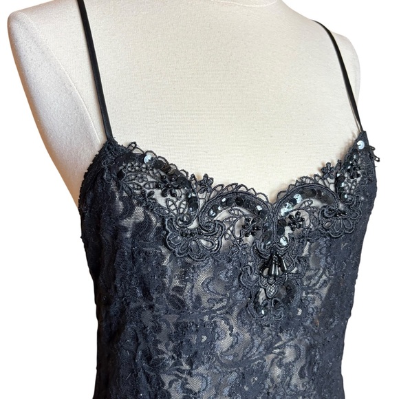 Vintage 90s Cinema Etoile Black Sequin Beaded Sheer Lace Satin Skirt Lingerie M - Picture 5 of 10